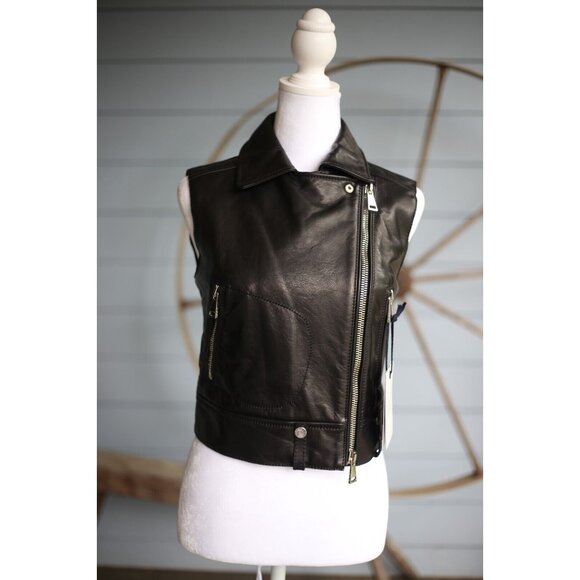NWT Moncler Rodeia Down Gilet Leather Front Biker Vest Black Size 0 / XS $2570